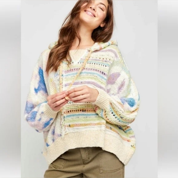 Free People Sweaters - Free people flower child multicolor knit hooded poncho sweater size extra small
